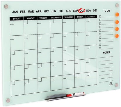 TSJ OFFICE Glass Calendar Whiteboard - 36 x 24 Inches Wall Mounted Monthly Dry Erase Calendar for Wall, Large Magnetic Glass White Board for Office, Home & School