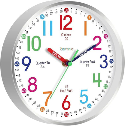 Wall Clock for Kids Learning to Tell Time Easily Non Ticking Battery Operated Kids Teaching Clock Silent Colorful Teaching Time Clock Decorative for Kids Room Classroom School (8 Inch)
