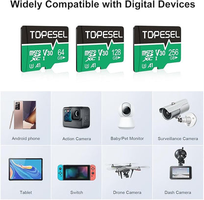 TOPESEL 128GB Micro SD Card 2 Pack with Adapter, High Speed TF Card, Memory Card microSDXC for Camera, Smartphone, Tablet, Dash Cam, Drone, UHS-I, U3, A1, 4K UHD, V30