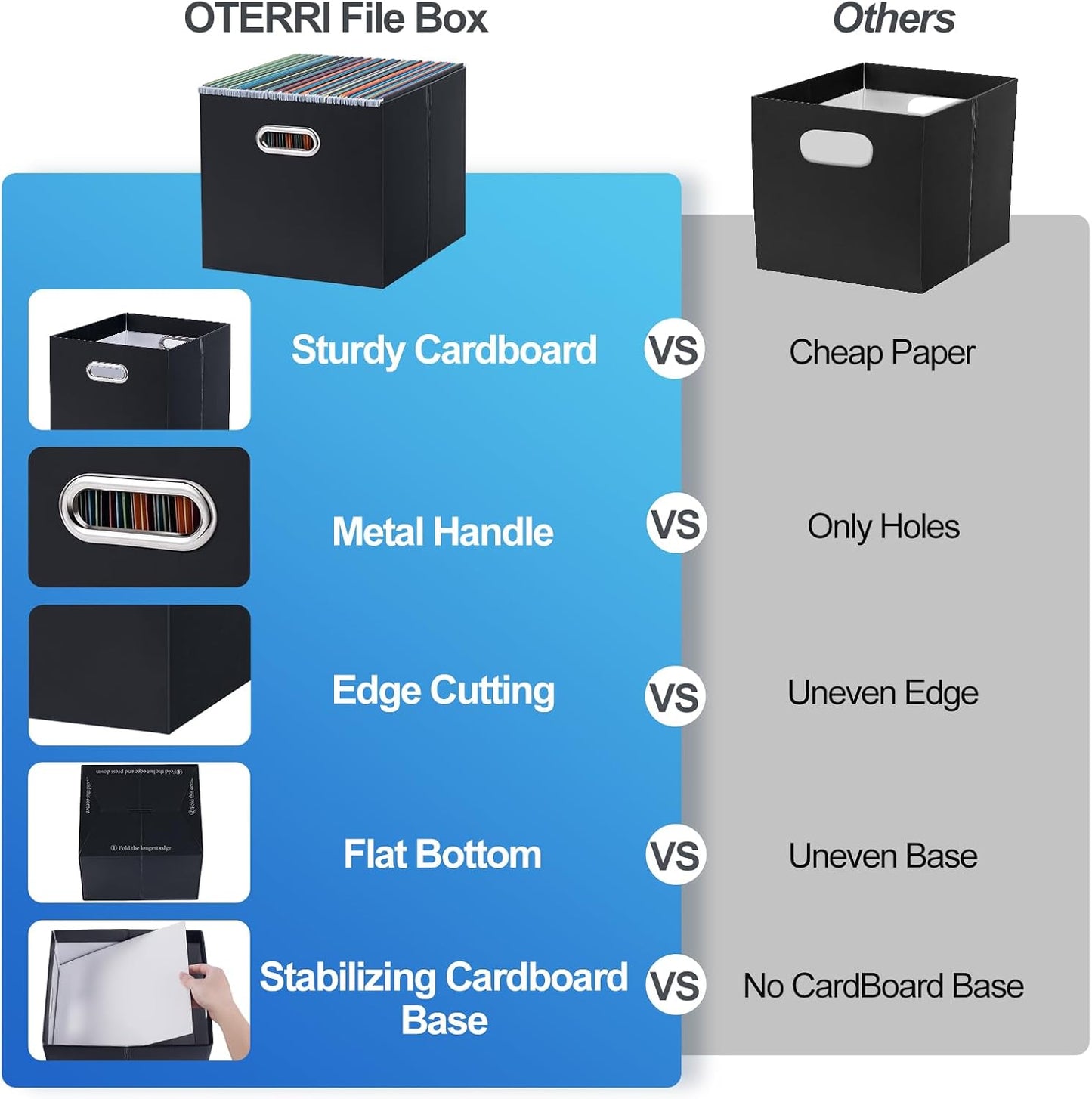 Oterri File Organizer, 2 Packs Large Storage Box, Cardboard File Folder Organizer, Collapsible File Box for Hanging File Folders Letter Size, Portable Filing Organizer with Handle (Black)