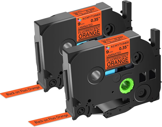 2 Pack Compatible for Ptouch TZe-B21 TZ-B21 TZe TZ Label Tape 9mm 0.35'' Laminated Black on Fluo Orange Label Maker Tape for PT-9700PC PT-1880 PT-1230PC PT-1280 PT-1800 PT-1830