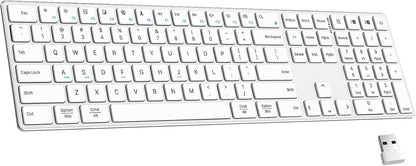 2.4G Wireless and Bluetooth Keyboard with Numeric Keypad, Multi-Device, Rechargeable, Compatible with Mac, Windows (White)