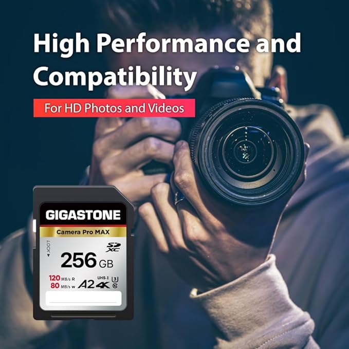 【5-Years Data Recovery】 GIGASTONE 256GB SD Card 2-Pack, 4K Camera Pro MAX, A2 4K SDXC Memory Card High Speed 4K UHD Video Compatible with Canon Kodak Digital Camera, with 2 Mini case