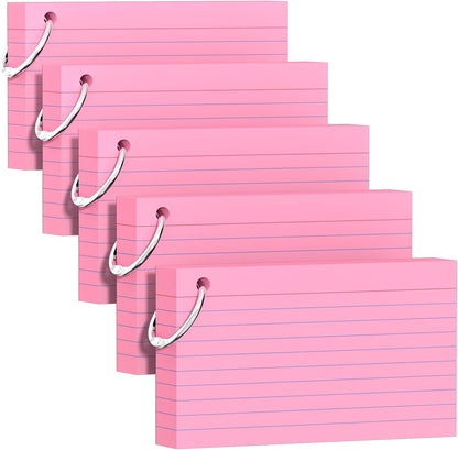 250 Count Pink Index Cards 3x5 Inch with Key Ring, Color Flash Index Card (50 Sheets Each), Durable & Portable Note Taking for Students, Teachers, Study Note Cards for Office Home School