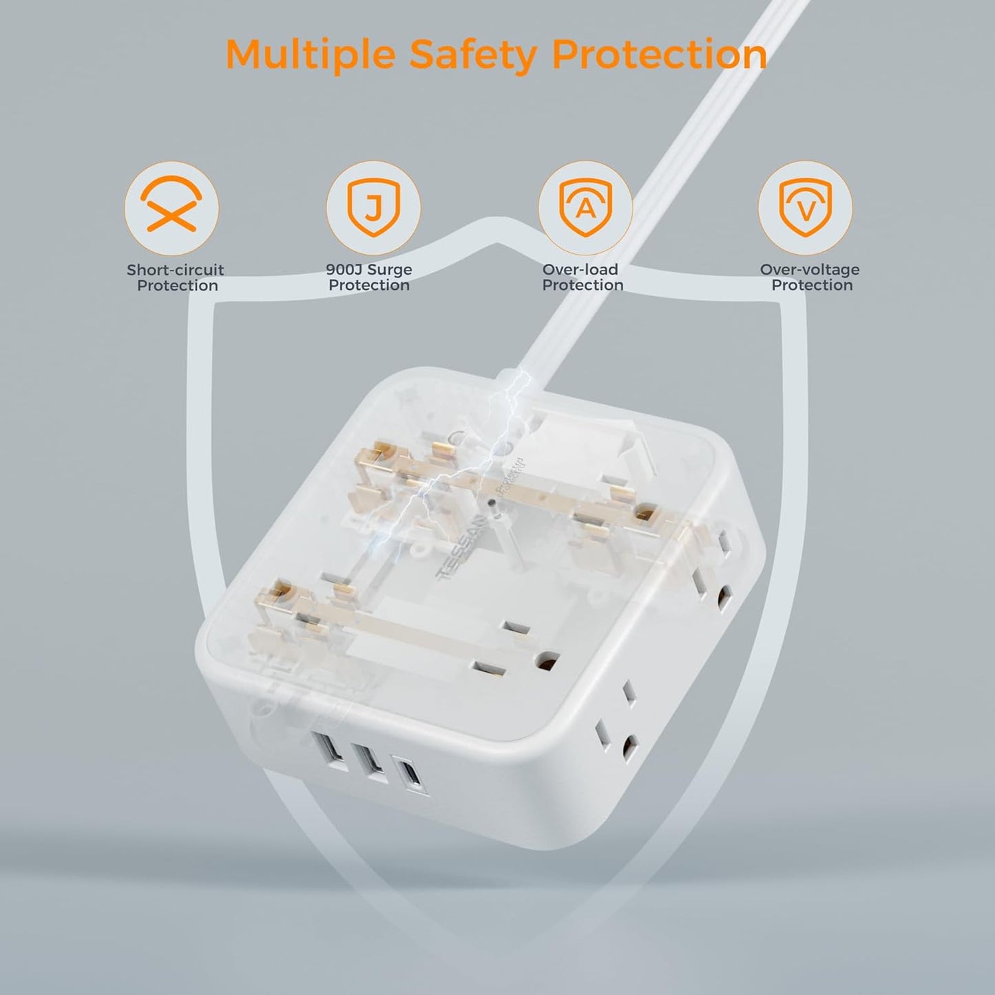 Flat Plug 20 FT Long Extension Cord, TESSAN Ultra Thin Power Strip Surge Protector with 8 AC Outlets, 900J, 3 USB Charger(1 USB C), Multi Port Charging Station for Home, Office, Dorm Room Essentials