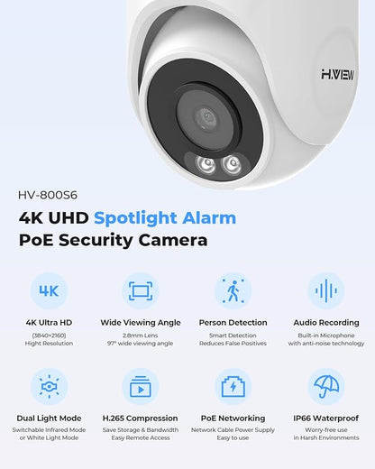 H.VIEW 4K PoE NVR Security Camera System,4pcs 8MP Weatherproof Wired PoE Cameras,Smart Person Detection,One-Way Audio,AI Decetion,H.265+ 4K/8MP 8CH NVR with 3TB HDD for Home 24/7 Recording