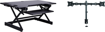 Rocelco 46" Height Adjustable Standing Desk Converter with AC USB Charger and Double Monitor Mount Arm - Sit Stand Up Triple Screen Riser Workstation - Keyboard Tray - Black (R DADRB-46-ACUSB-DM2)