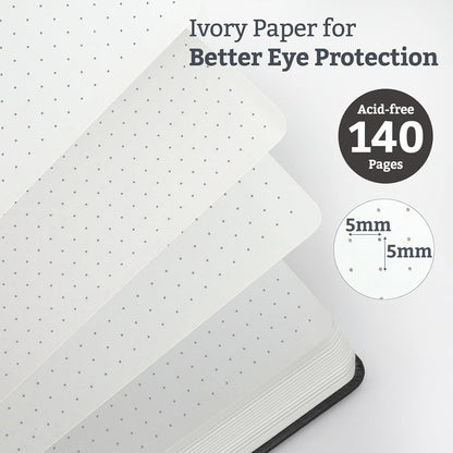 Bullet Dotted Hardcover Journal Notebook, A5 140 Pages 120Gsm Thick Paper for School,Note Taking,Work,Diary，5.7''*8.3'',Black