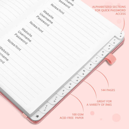 JUBTIC Password Book with Alphabetical Tabs. Medium Size Password Notebook for Internet Website Address Log in Details. Hardcover Password Journal & Organizer for Home Office, Rose Gold