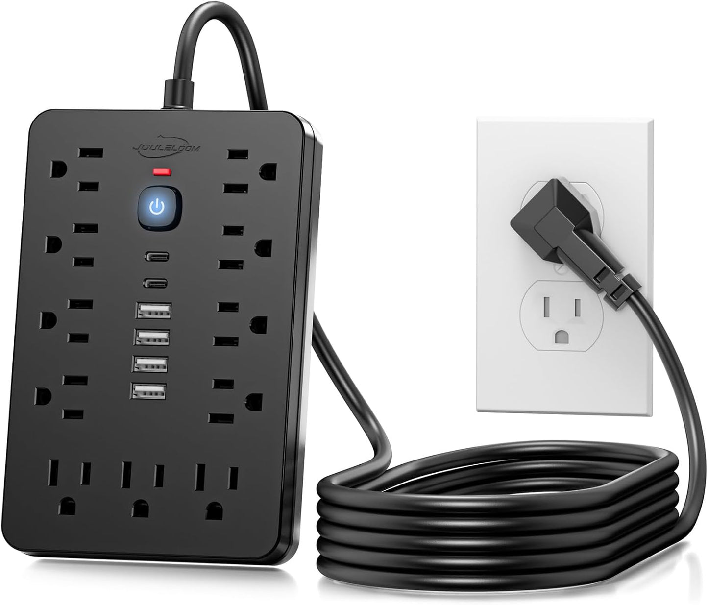 5 FT Flat Plug Surge Protector Power Strip,11 Multiple AC Outlets with 6 USB Ports (2 USB C), 5 Feet Extension Cord, 1250W/10A, One Touch Switch Button, 17 in 1 Compact powerstrip