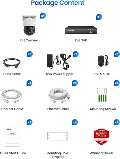 ZOSI C290 4K 8CH POE Security Camera System (Up to16CH), 4 x 8MP Wired PoE IP Dome Cameras Outdoor Indoor, 360 View, AI Human/Vehicle/Face Detection, Two-Way Talk, Siren Alarm, Auto Tracking, 2TB HDD