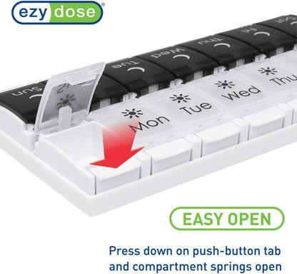 EZY DOSE Push Button (7-Day) Pill Case, Medicine Planner, Vitamin Organizer, 2 Times a Day AM/PM, Removable Trays, Large Compartments, Arthritis Friendly, Spring Open Black and White Lids, BPA Free