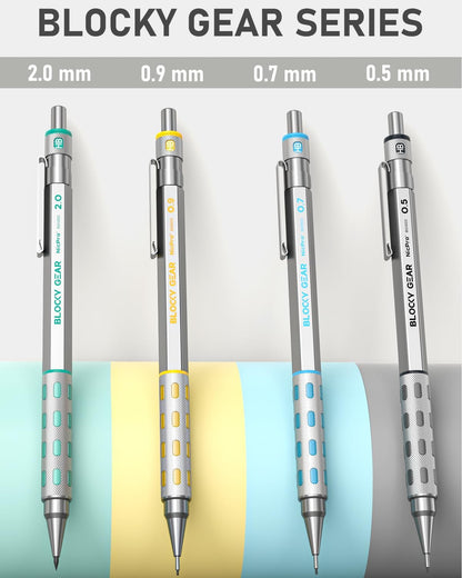 Nicpro Blocky Gear Art Mechanical Pencil Set with Case, 36PCS Metal Mechanical Pencils 0.5, 0.7, 0.9mm & 2mm Lead Holder for Drawing Sketching with 20 Tubes (6B 4B 2B HB 2H 4H Colors) Lead Refills