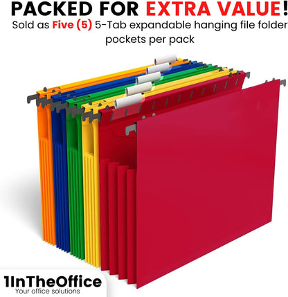 1InTheOffice Hanging File Folder, Hanging File Pocket, Expandable Hanging File Folder, Letter Size, Assorted Color, 5 Pack