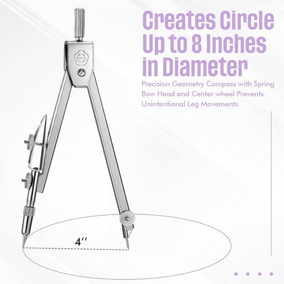 EBOOT Student Geometry Math Set, Drawing Compass and 6 Inch Swing Arm Protractor 180 Degree Math Protractor (Purple)
