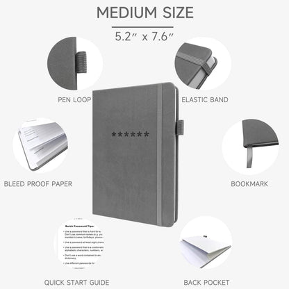 Password Book with Alphabetical Tabs – Hardcover Internet Address & Password Organizer – Password Keeper Notebook for Computer & Website – 5.2 x 7.6" Log-in Password Journal w/Thick Paper (Grey)