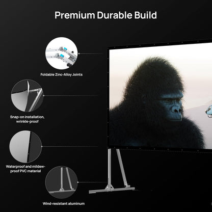 AWOL VISION Folding Outdoor Projector Screen with Stand (200 inches)，Outside Projection Screen 4K/8K UHD Support, Freestanding, Portable Alloy Frame, 16:9 HD, Lightweight for Camping, Backyard