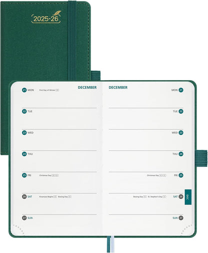 BEZEND Pocket Planner 2025-2026 Weekly with 2 Columns, 18-Month Academic Calendar (Jul 25-Dec 26), Life Work Appointment, Storage Pocket, Pen Holder, PU Leather Hardcover 3.5" x 6" - Evergreen