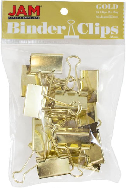 JAM PAPER Colorful Binder Clips - Medium - 1 1/4 Inch (32 mm) - Gold Binderclips - 15/Pack