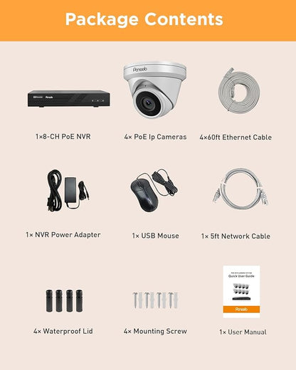 4 Camera Security System, 4X 5-Megapixel Wired IP Dome PoE Cameras Outdoor with AI Person Detection, Built-in Mic, Remote Access, 4K 8 Channel NVR 2TB HDD for 24-7 Recording, PD93A0408-5M