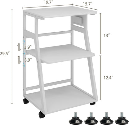 Natwind 19.7"x15.7" Printer Stand,3 Tier Printer Table with Charging Station, Rolling Cart with Adjustable Storage Shelf for Home Office Organization, Stand for Heat Press,3D Printer (White)