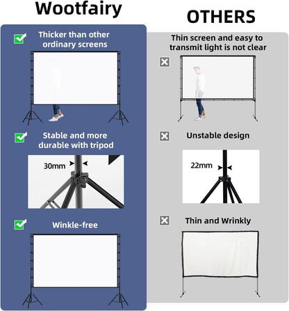 Projector Screen with Stand, Wootfairy 150 inch Portable and Foldable Projection Screen 4K HD 16:9 Rear Front Wrinkle-Free Movie Screen with Carry Bag for Indoor Outdoor Home Theater Backyard Cinema