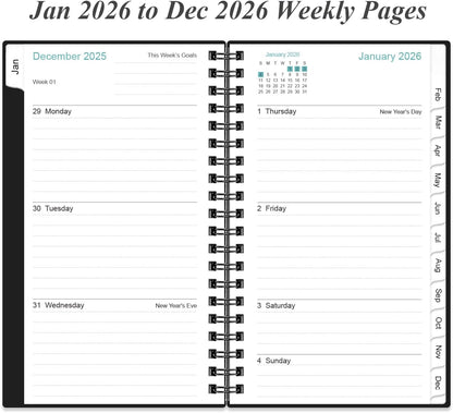 2026 Pocket Planner/Calendar - 2026 Planner from January 2026 - December 2026, Planner 2025 with 12 Tabs, Twin-Wire Binding, Inner Pocket, 3.75" x 6.75, Black