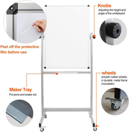 XIWODE 24x36 Inch Magnetic Double-Sided Mobile Whiteboard with Wheels, Adjustable Height, Flip & Rotate Design, Durable Square Tube Frame, for Office, Classroom, Home, and Presentations