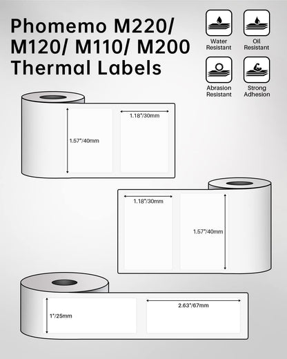 Phomemo Labels Set, M220 M110 M108 M250 M260 M150 M221 M120 M200 Label Maker Tape,Black on White Thermal Paper Self-Adhesive Stickers, Include 1.57'' x 1.18'',1.96'' x 1.18'',1" x 2-5/8"