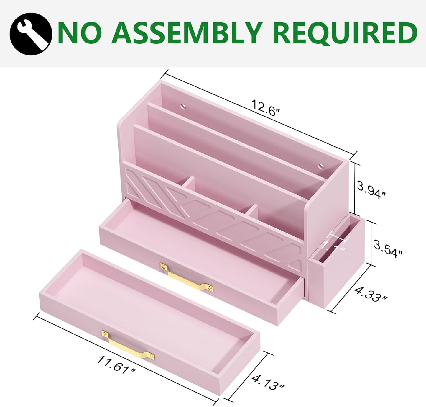 Bamboo Desk Organizer Mail Holder Countertop Wood Desk Drawer Tabletop Storage Box Pen Holder Letter Sorter Makeup Organizer for School Home Office Supplies with Pen Holder Pink