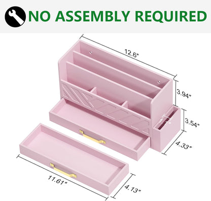 Bamboo Desk Organizer Mail Holder Countertop Wood Desk Drawer Tabletop Storage Box Pen Holder Letter Sorter Makeup Organizer for School Home Office Supplies with Pen Holder Pink