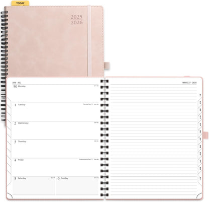 POPRUN Planner 2025-2026 Weekly Planner Notebook (Large 8.5''x 10.5'') Academic Calendar (JUL.25 - JUN.26) Appointment Book with Monthly Tabs, Spiral Soft Cover, Inner Pocket, 100 GSM - Pink