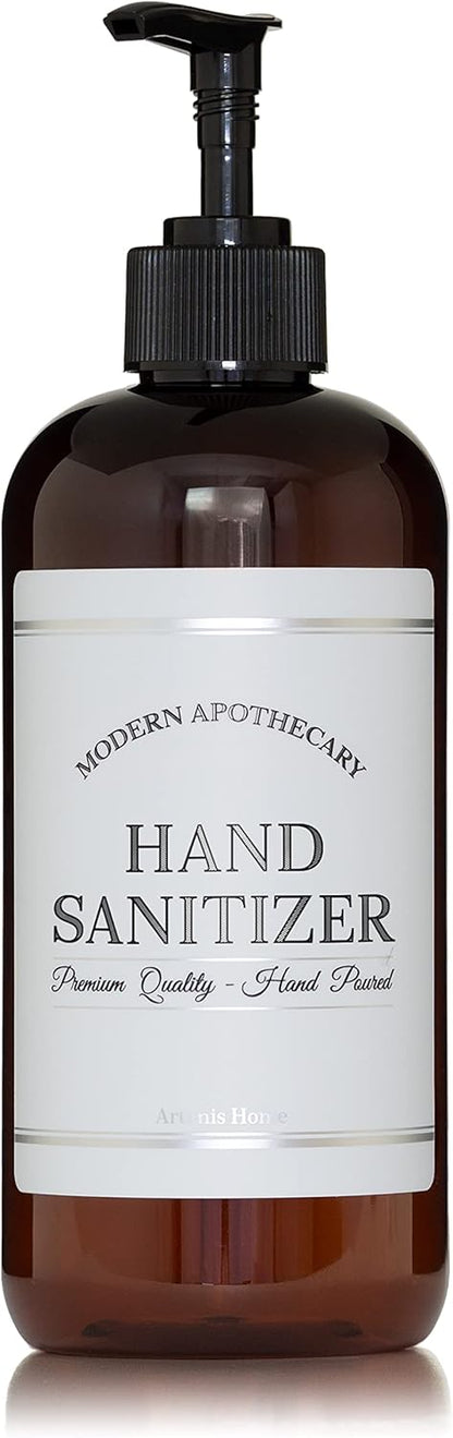 Amber PET Plastic Refillable Hand Sanitizer Pump Bottle Dispenser with Black Plastic Pump, 16 oz with Waterproof Label, Empty Reusable Container for Home, Kitchen, Bathroom, Office, Business