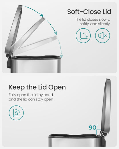 SONGMICS 13 Gallon (50 L) Trash Can, Stainless Steel Kitchen Garbage Can, Recycling or Waste Bin, Soft Close, Step-On Pedal, Removable Inner Bucket, Silver ULTB050E01