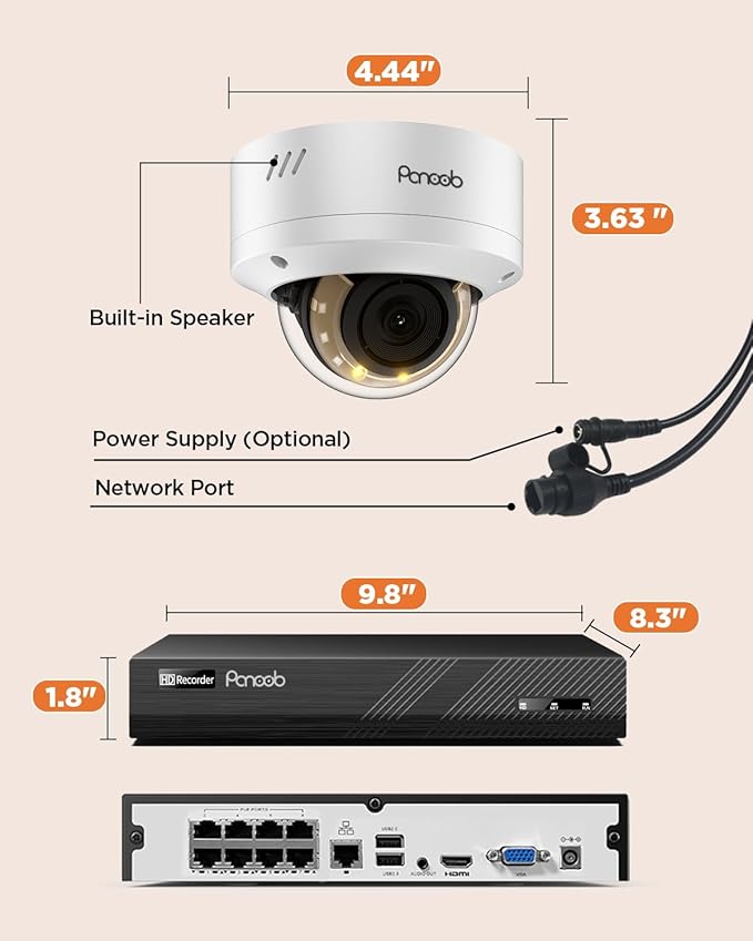 PoE Security Camera System, 5MP 8CH NVR with 2TB HDD, 8PCS Wired 5MP 2.8mm Dome IP Cameras, Smart Person Vehicle Detection Outdoor for Home, 24/7 Audio Recording, PD54Y0808-5M