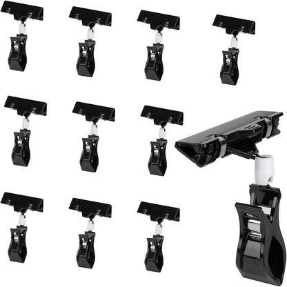 Mini Black Sign Holder Clips for Display, 10 Pcs Plastic Sign Holder Clips for Retail, Swivel Price Signs Clip, Rotatable Price Shelf Clips for Store Clothing Rack Merchandise Shelf Basket