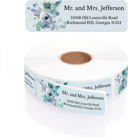 Blue Watercolor Floral Rolled Address Labels / 500 Personalized Return Address Labels/Designer Address Stickers in Elegant Plastic Dispenser