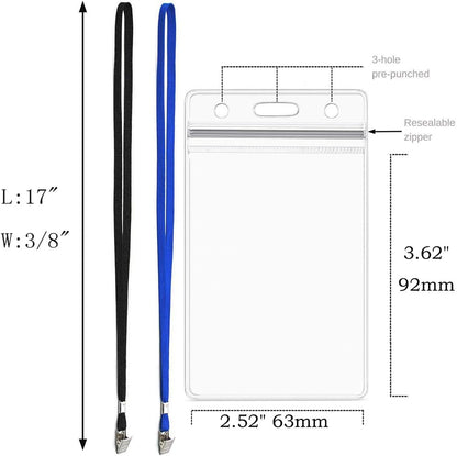 Bird Fiy® 50 Pack Lanyards with Bulldog Clip and 50 Pack Waterproof Clear Plastic Vertical Name Tag Badge ID Card Holders(Blue)