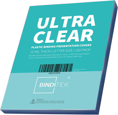 Binditek 100 Pack 12 Mil Ultra Clear Binding Covers, Polythylene Terephthalate, 8.5 x 11 Inches, Letter Size, Square Corners, Un-Punched, for Students and Coworkers