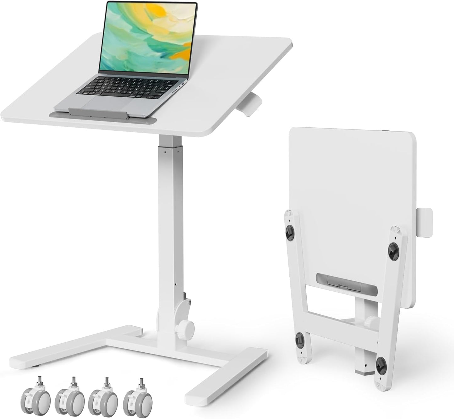 Foldable Standing Desk，Small Mobile Sit-Stand Desk with 90 Tiltable Top，Rolling Rising Laptop Workstation Adjustable Height，Portable Table on Hidden Wheels/4 Lockable Casters，White