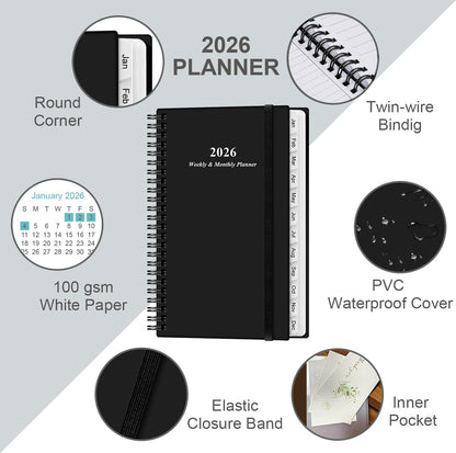 2026 Pocket Planner/Calendar - 2026 Planner from January 2026 - December 2026, Planner 2025 with 12 Tabs, Twin-Wire Binding, Inner Pocket, 3.75" x 6.75, Black