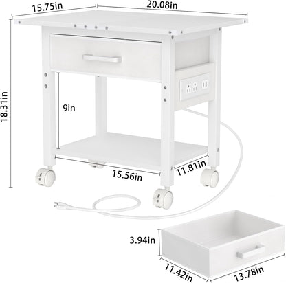 Lerliuo Under Desk Rolling Printer Stand with Charging Station and USB Ports, 2-Tier Printer Table Desk with Fabric Drawer, Printer Cart Holder with Lockable Wheels for Home, Office (White)