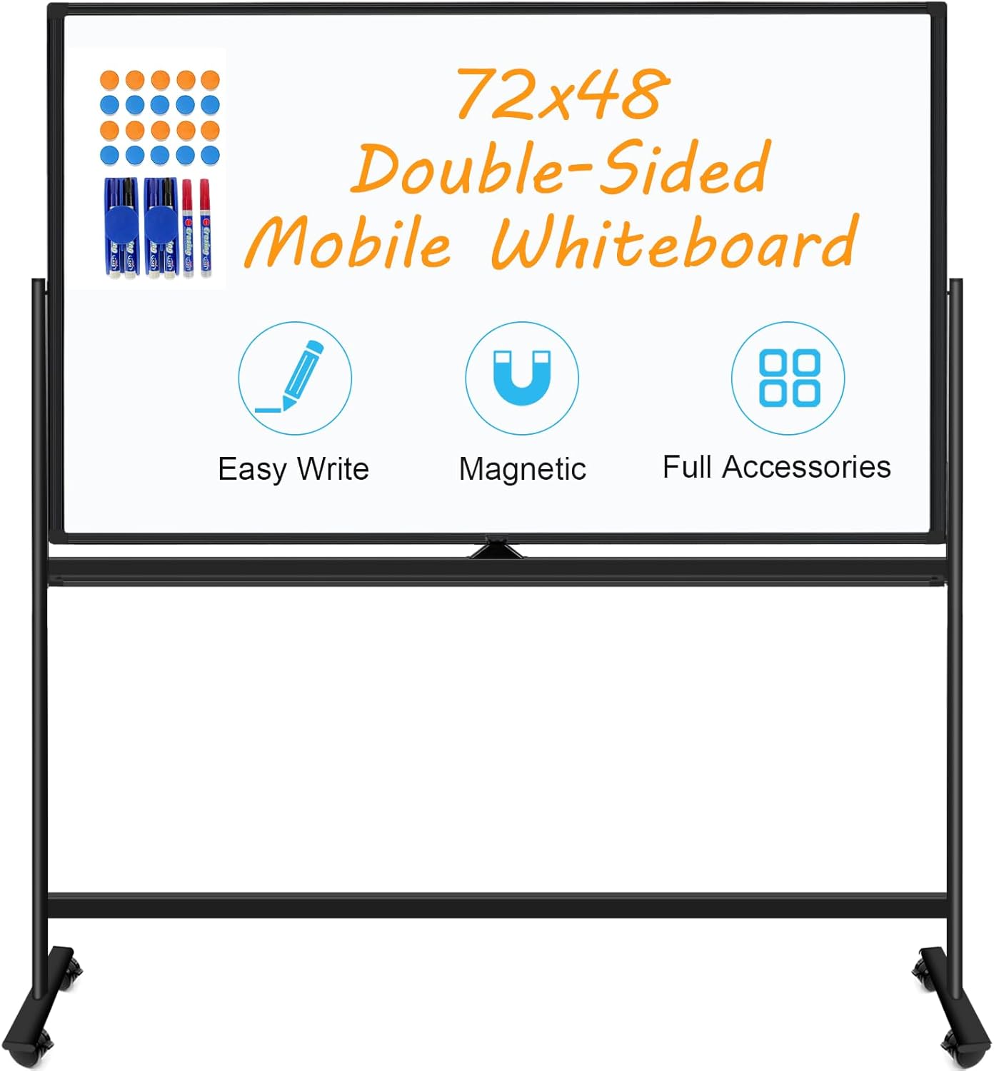 Rolling Whiteboard on Wheels 72"x48", Double-Sided Dry Erase Board with Stand, Big White Board with Stand Portable Magnetic Mobile White Board with 2 Eraser, 6 Markers, 20 Magnets