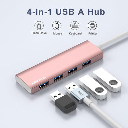 USB Hub, USB 3.0 Hub Aluminum Alloy Ultra Slim USB Splitter, Portable 4 Port USB Extender, USB Hub for Laptop, PC, MacBook, iMac, Surface Pro, Mac Pro, Flash Drive, XPS 【Pink】
