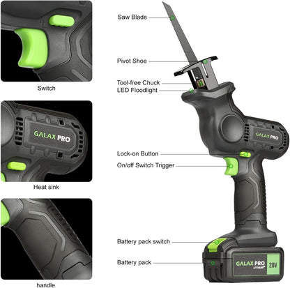 GALAX PRO 20V Cordless Reciprocating Saw, 0-3000RPM Variable Speed Power Reciprocating with 4.0Ah Battery, 2pcs Wood Blades & 1pcs Metal Blade