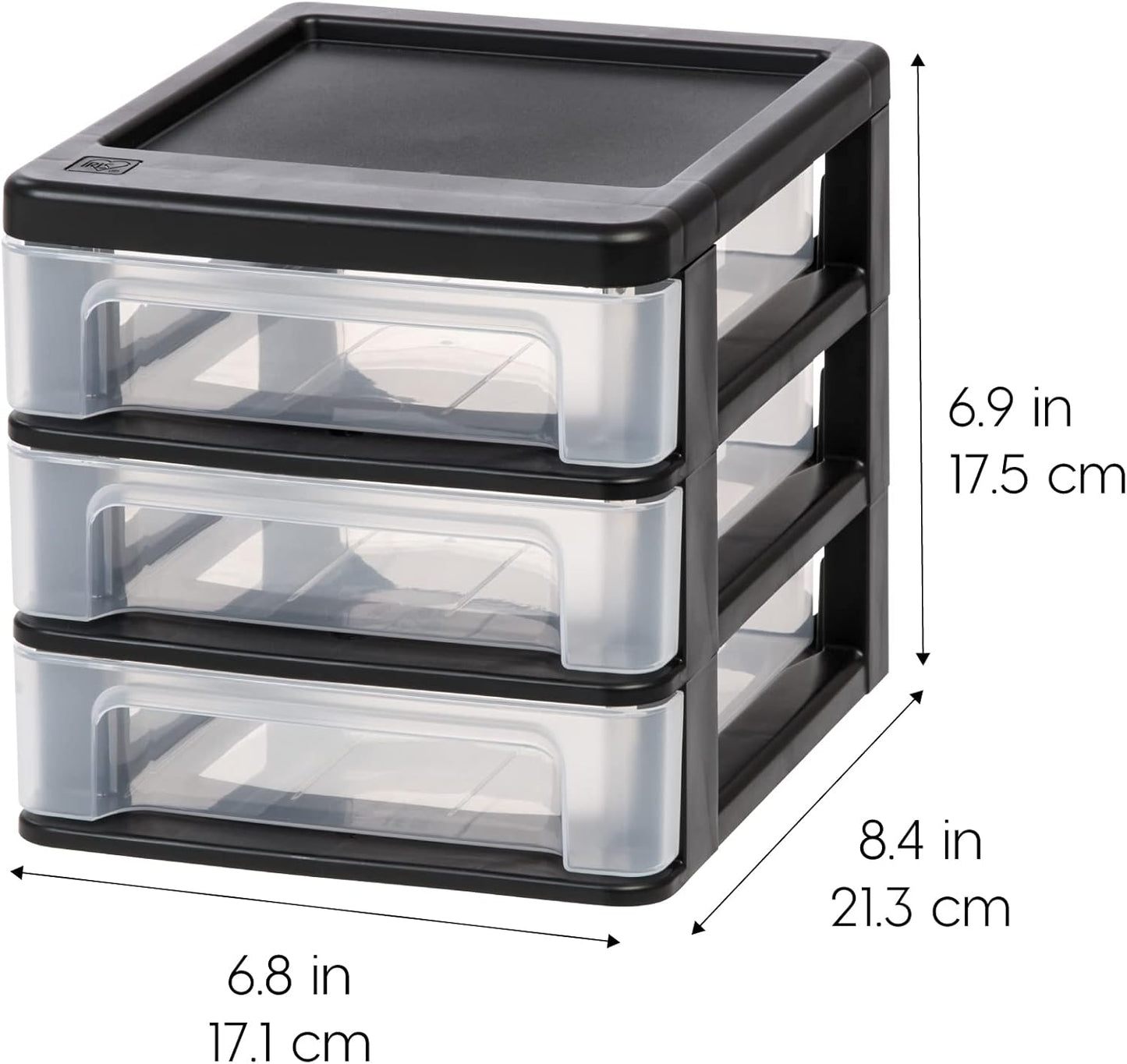 IRIS USA Plastic Stacking Desk Top 3-Drawer Storage Organizer, 4-Pack, for Makeup Vanity Nail Polish Bathroom Stationery Art Craft Supplies Kitchen Office Garage and Small Organization, Small, Black
