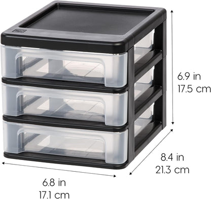 IRIS USA Plastic Stacking Desk Top 3-Drawer Storage Organizer, 4-Pack, for Makeup Vanity Nail Polish Bathroom Stationery Art Craft Supplies Kitchen Office Garage and Small Organization, Small, Black