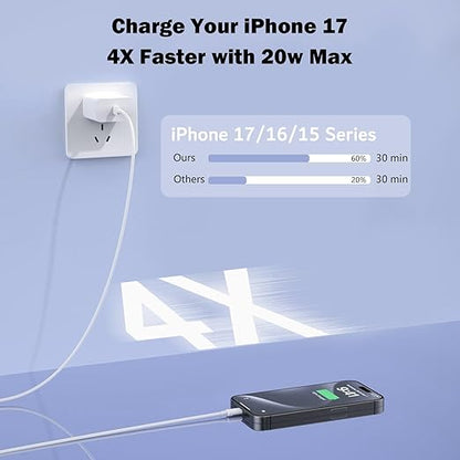 Fast Charger for iPhone 17 16 Charger, 20W Type C Charging Block with 3.3FT Long USB C Charging Cable, iPad Wall Plug Power Adapter for iPhone 17/17 Pro/17 Pro Max/Air/16/15, iPad Pro/Air/Mini,AirPods