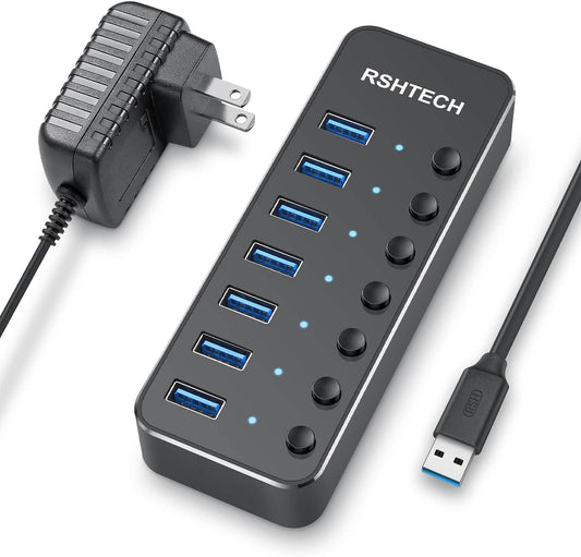 USB 3.0 Hub, RSHTECH 7 Port Powered USB Hub Expander Aluminum USB 3.0 Data Port hub with Universal 5V AC Adapter and Individual On/Off Switches USB Splitter for Laptop and PC(Black)