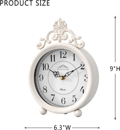 Vintage White Table Clock, Desk and Shelf Mantel Clock, French Rustic Antique Style Decor Clocks, for Farmhouse, Bedroom, Living Room, Bedside, Gift (9" H x 6.3" W)